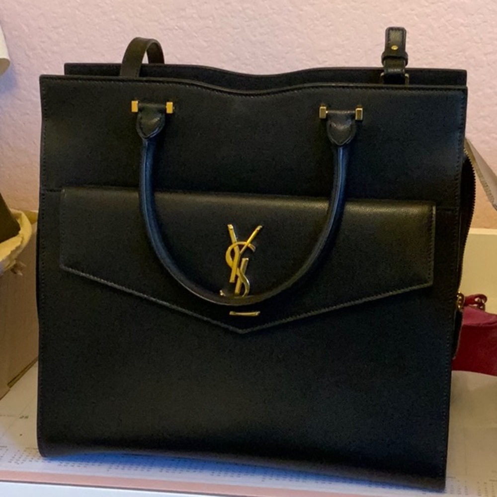 YSL Uptown Tote With Envelope - Black Leather